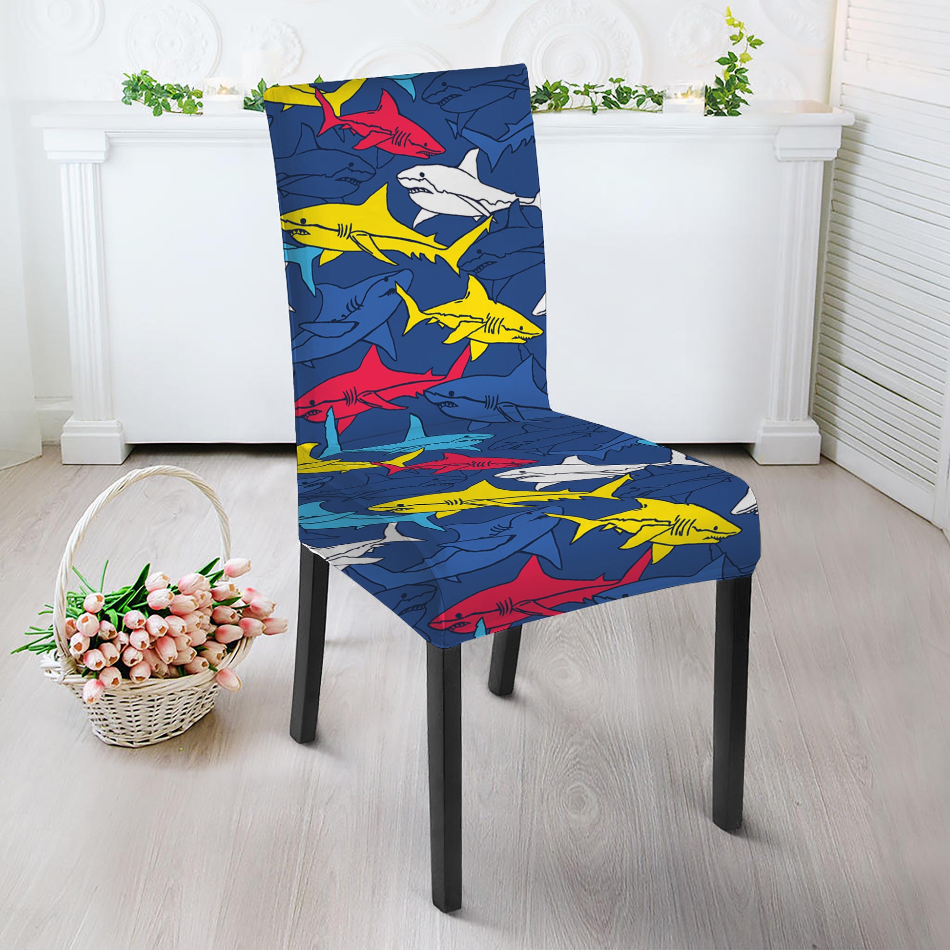 Doodle Shark Pattern Print Dining Chair Slipcover