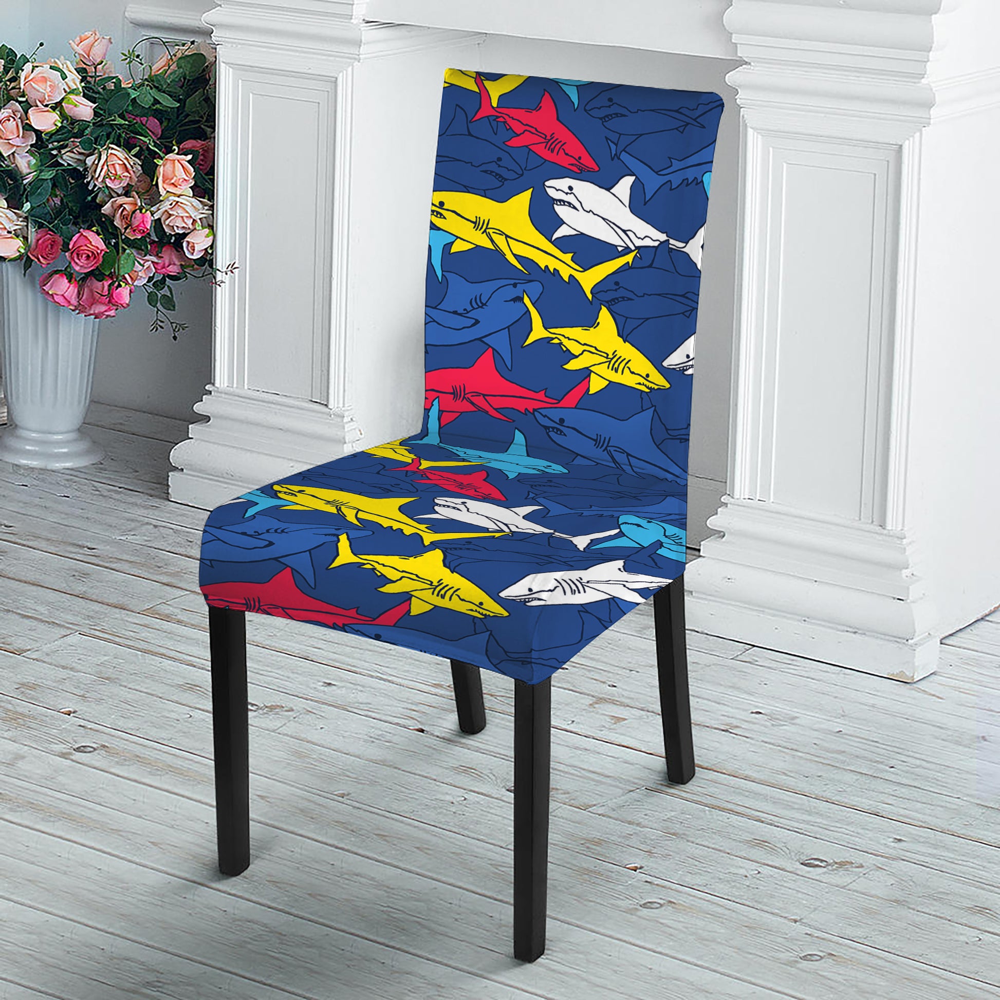 Doodle Shark Pattern Print Dining Chair Slipcover