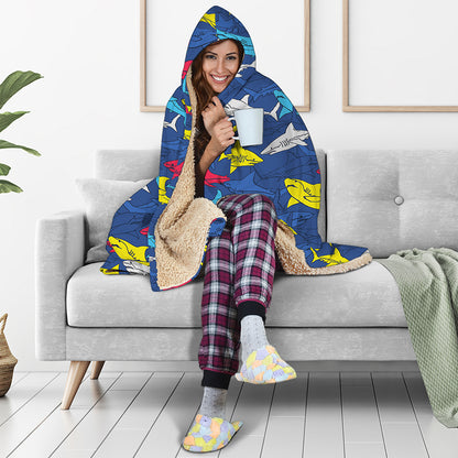 Doodle Shark Pattern Print Hooded Blanket