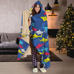 Doodle Shark Pattern Print Hooded Blanket