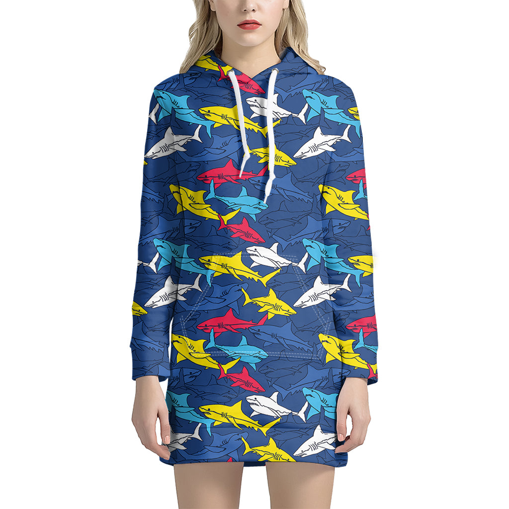 Doodle Shark Pattern Print Hoodie Dress