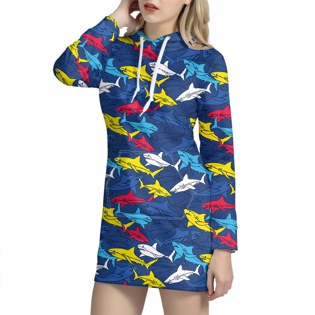 Doodle Shark Pattern Print Hoodie Dress