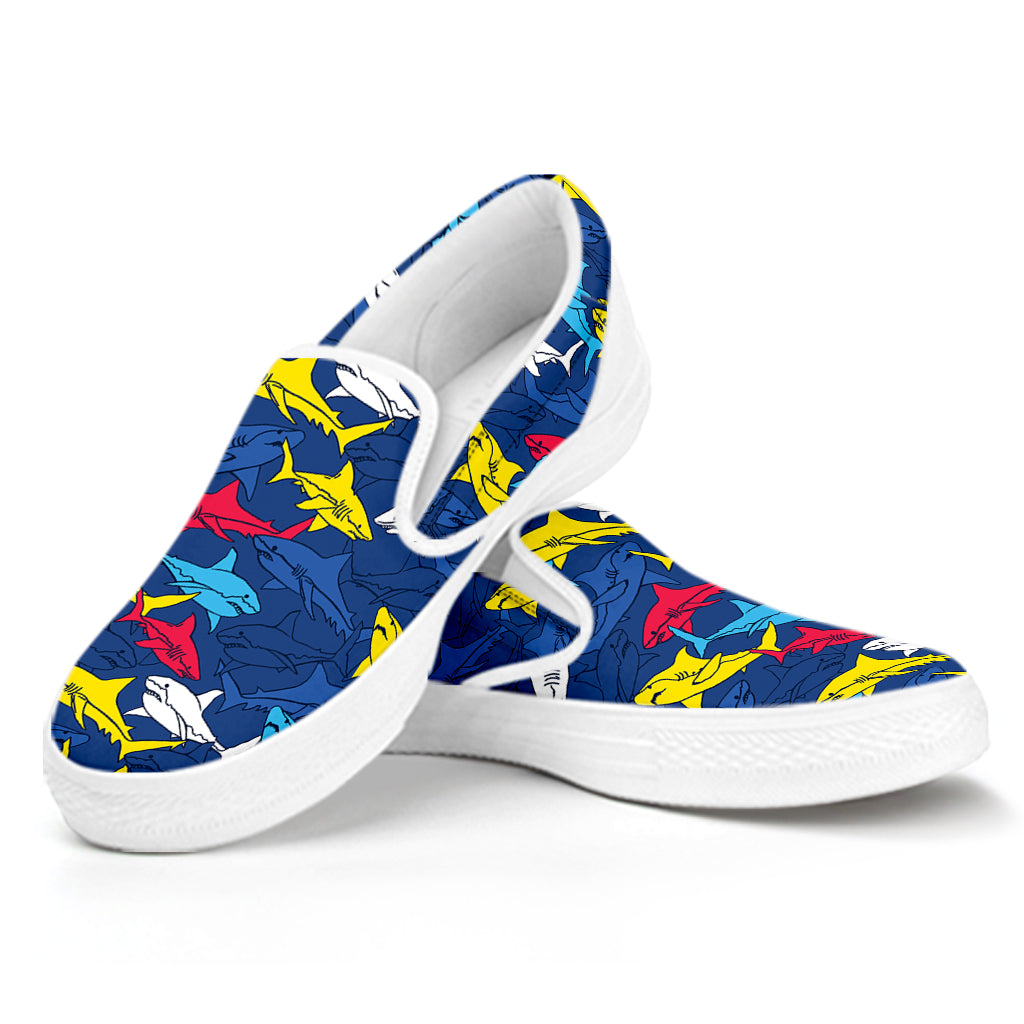 Doodle Shark Pattern Print White Slip On Shoes