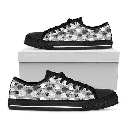 Doodle Sheep Pattern Print Black Low Top Shoes