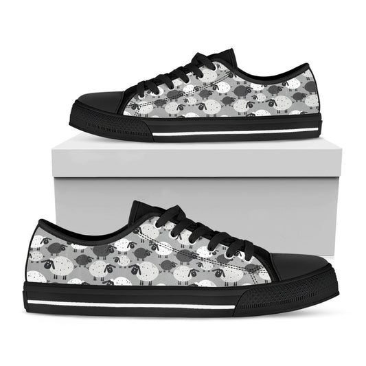 Doodle Sheep Pattern Print Black Low Top Shoes