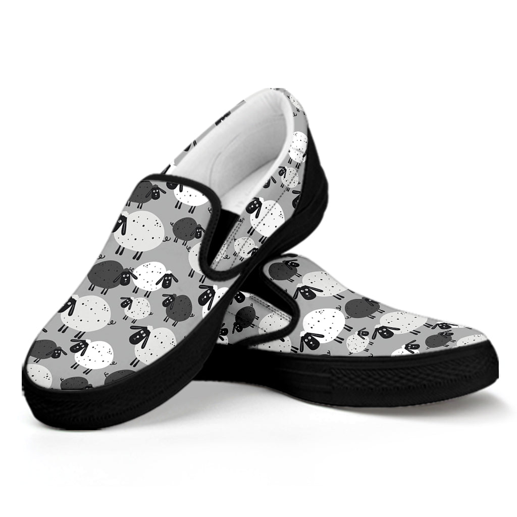 Doodle Sheep Pattern Print Black Slip On Shoes