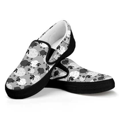 Doodle Sheep Pattern Print Black Slip On Shoes