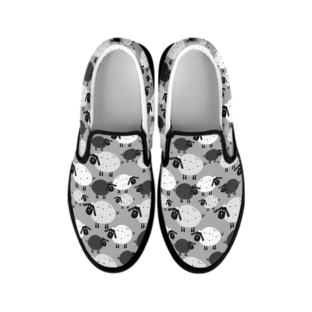 Doodle Sheep Pattern Print Black Slip On Shoes