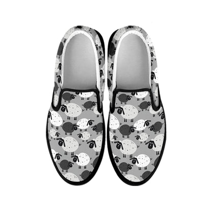 Doodle Sheep Pattern Print Black Slip On Shoes