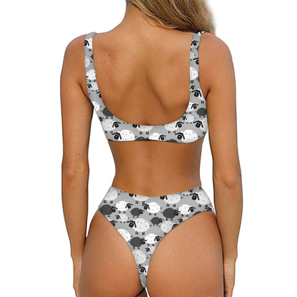 Doodle Sheep Pattern Print Front Bow Tie Bikini