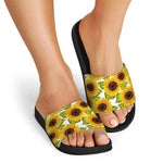 Doodle Sunflower Pattern Print Black Slide Sandals