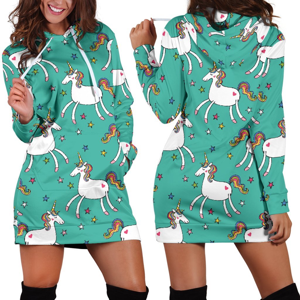 Doodle Unicorn Pattern Print Hoodie Dress GearFrost