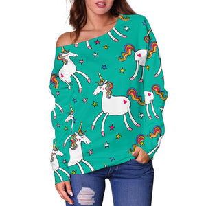 Doodle Unicorn Pattern Print Off Shoulder Sweatshirt GearFrost