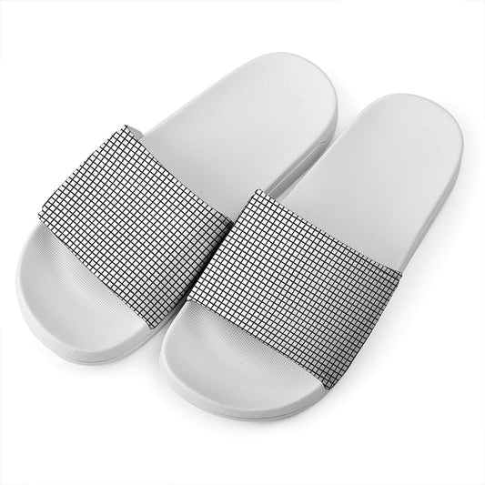 Doodle Windowpane Pattern Print White Slide Sandals