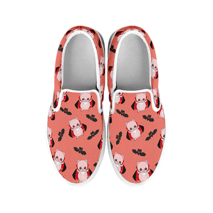 Dracula Pig Pattern Print White Slip On Shoes