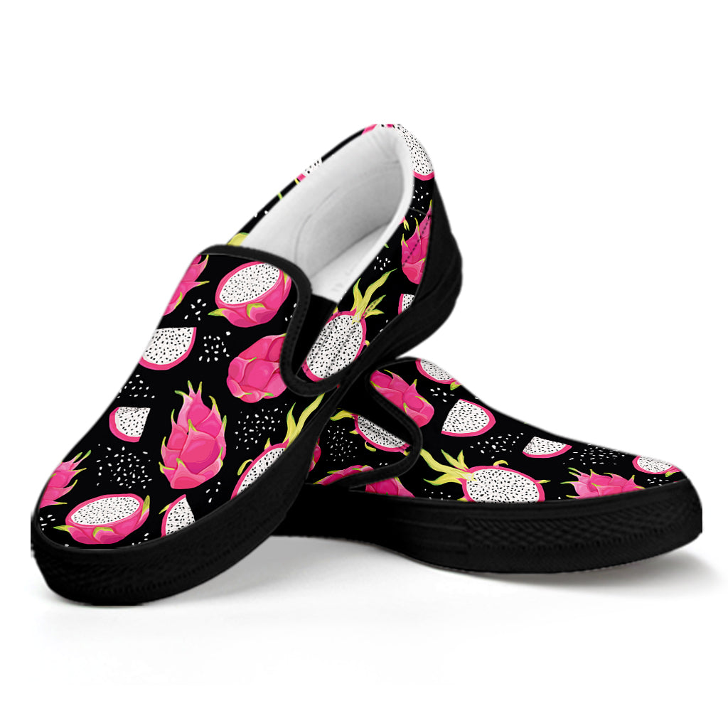 Dragon Fruit Pattern Print Black Slip On Shoes