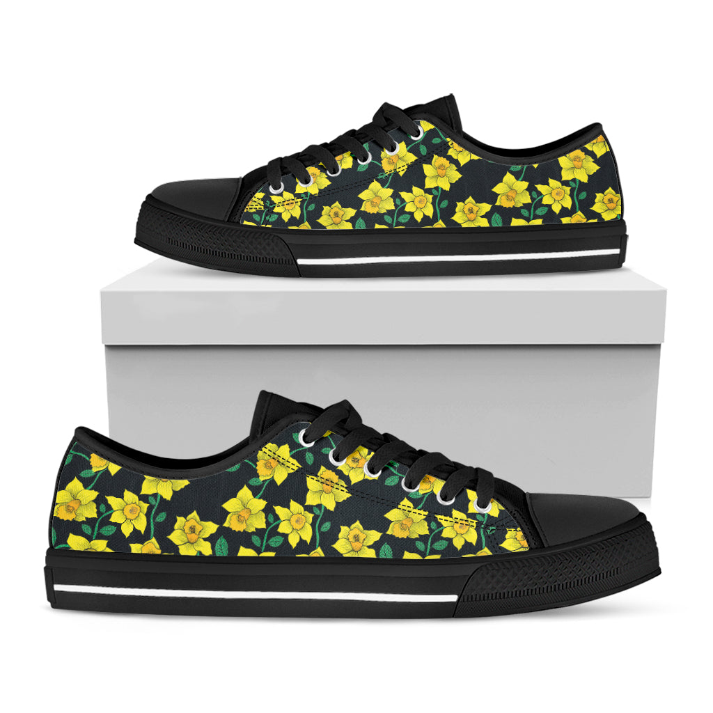 Drawing Daffodil Flower Pattern Print Black Low Top Shoes