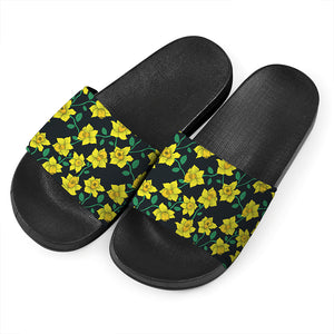 Drawing Daffodil Flower Pattern Print Black Slide Sandals