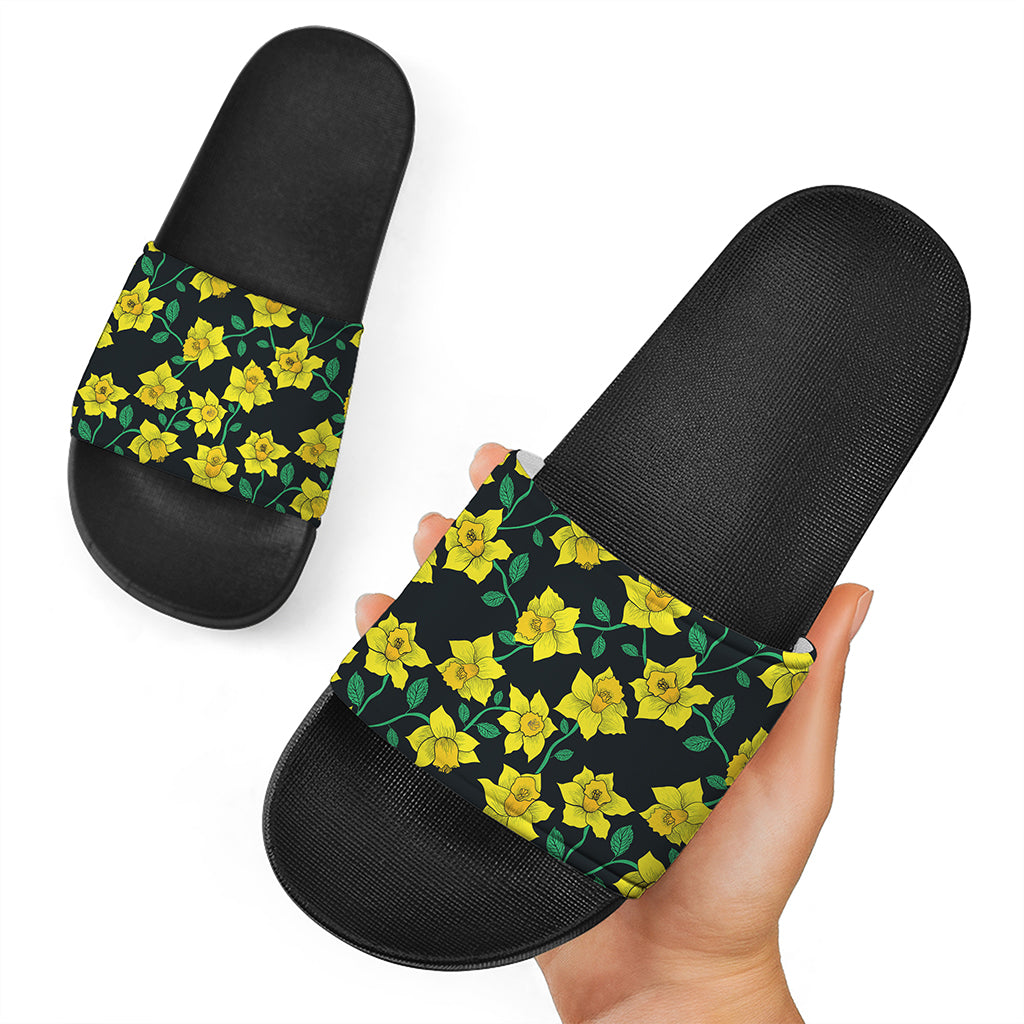 Drawing Daffodil Flower Pattern Print Black Slide Sandals