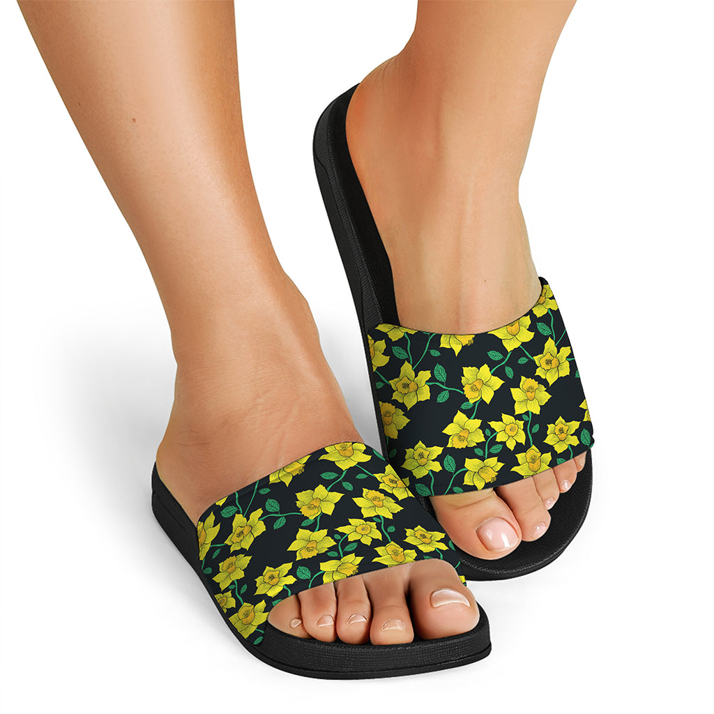 Drawing Daffodil Flower Pattern Print Black Slide Sandals