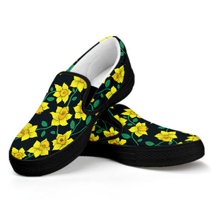 Drawing Daffodil Flower Pattern Print Black Slip On Shoes