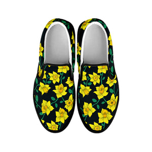 Drawing Daffodil Flower Pattern Print Black Slip On Shoes