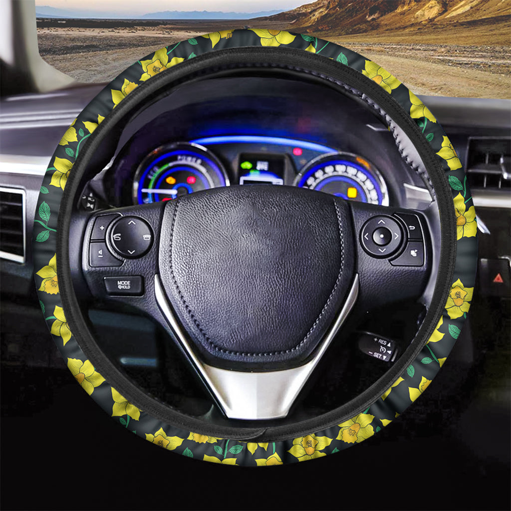 Drawing Daffodil Flower Pattern Print Car Steering Wheel Cover