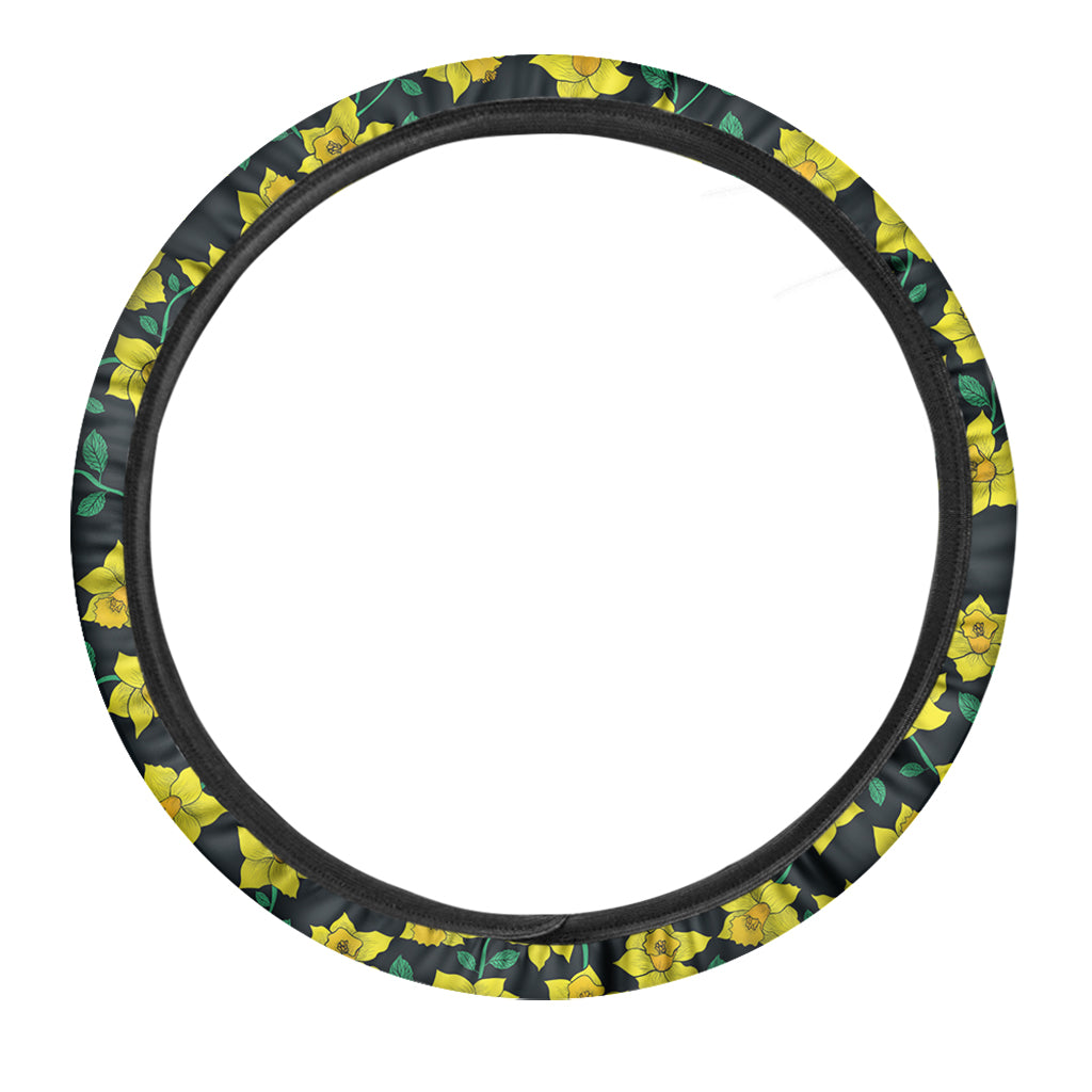 Drawing Daffodil Flower Pattern Print Car Steering Wheel Cover