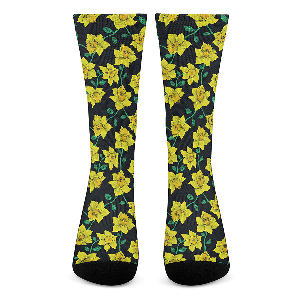Drawing Daffodil Flower Pattern Print Crew Socks