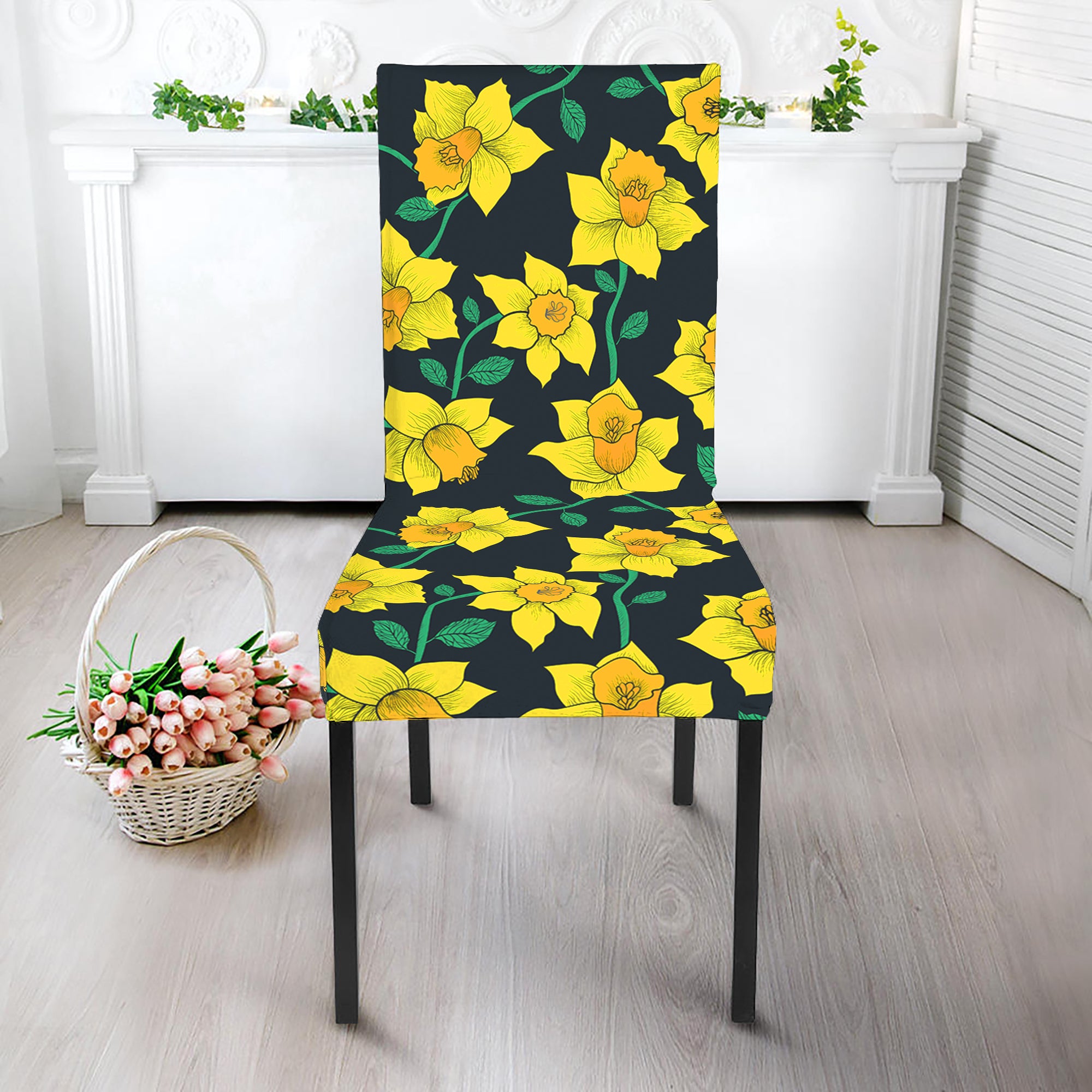 Drawing Daffodil Flower Pattern Print Dining Chair Slipcover