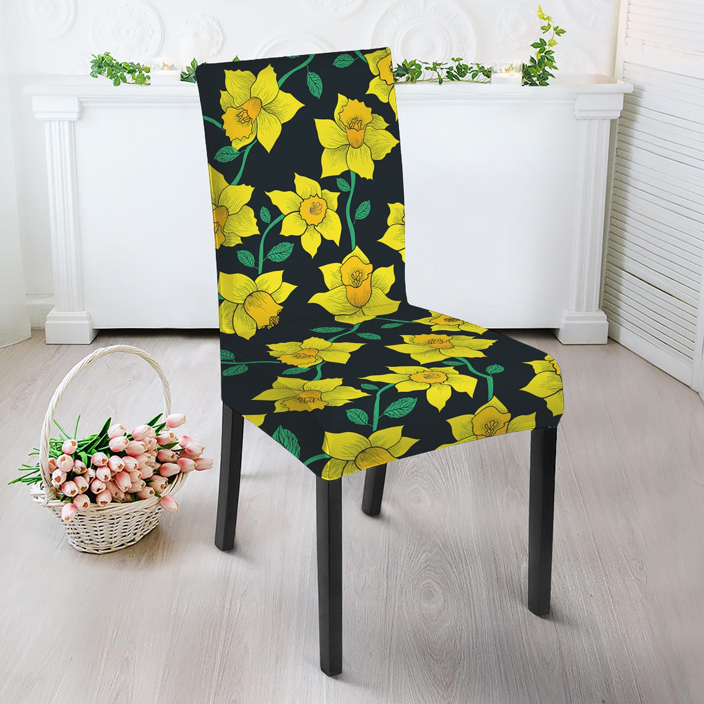 Drawing Daffodil Flower Pattern Print Dining Chair Slipcover