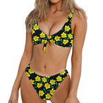 Drawing Daffodil Flower Pattern Print Front Bow Tie Bikini