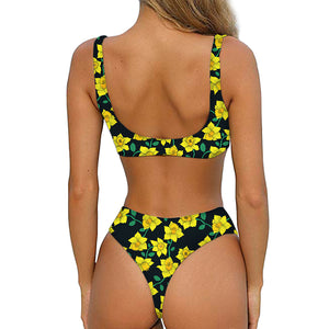 Drawing Daffodil Flower Pattern Print Front Bow Tie Bikini