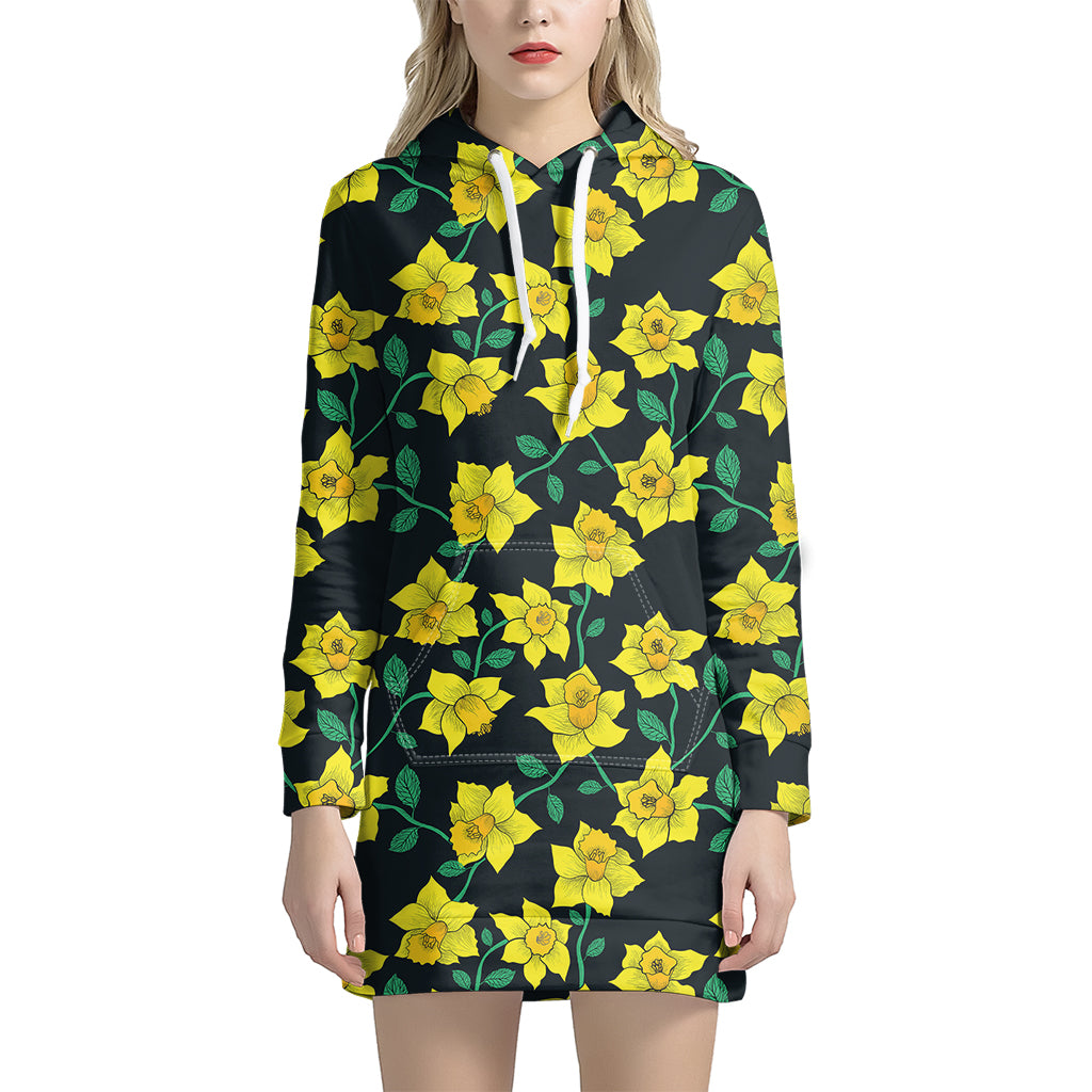 Drawing Daffodil Flower Pattern Print Hoodie Dress