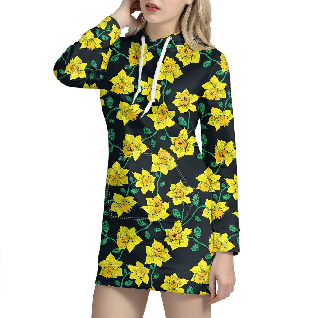 Drawing Daffodil Flower Pattern Print Hoodie Dress