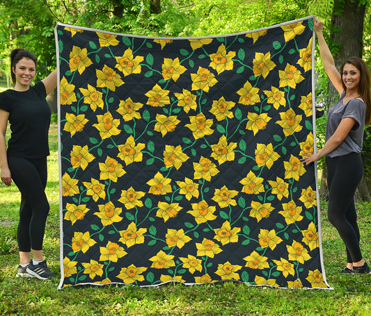 Drawing Daffodil Flower Pattern Print Quilt
