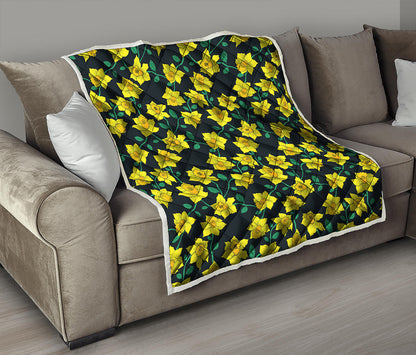 Drawing Daffodil Flower Pattern Print Quilt