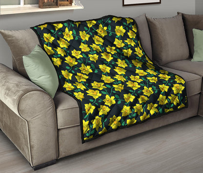 Drawing Daffodil Flower Pattern Print Quilt