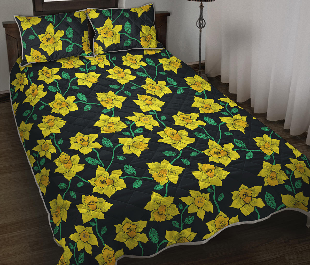 Drawing Daffodil Flower Pattern Print Quilt Bed Set