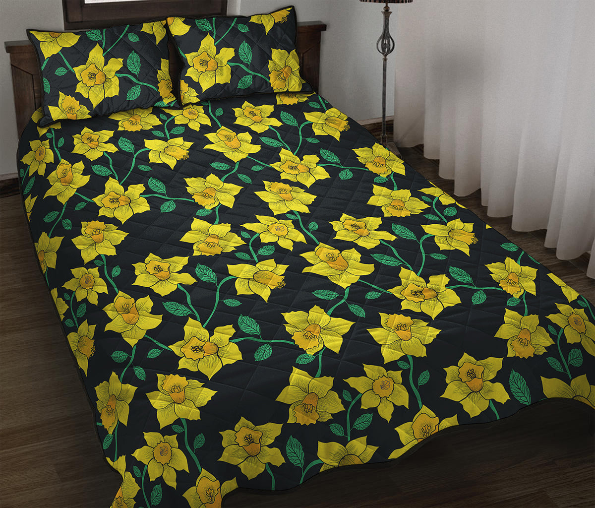 Drawing Daffodil Flower Pattern Print Quilt Bed Set