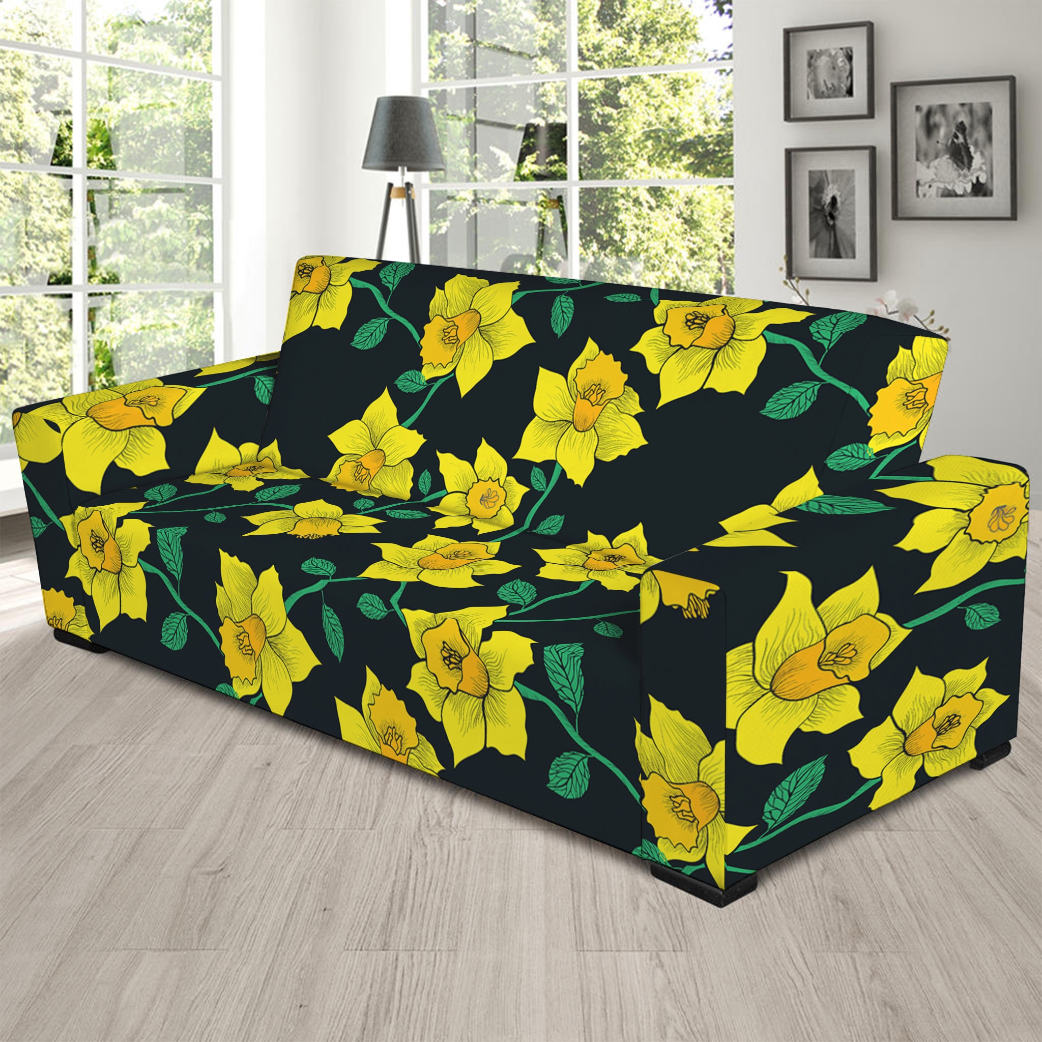Drawing Daffodil Flower Pattern Print Sofa Slipcover
