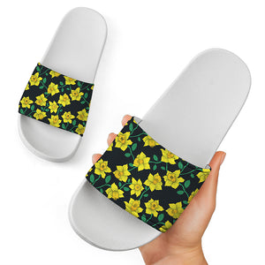 Drawing Daffodil Flower Pattern Print White Slide Sandals