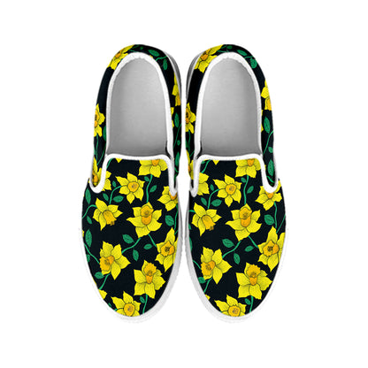 Drawing Daffodil Flower Pattern Print White Slip On Shoes