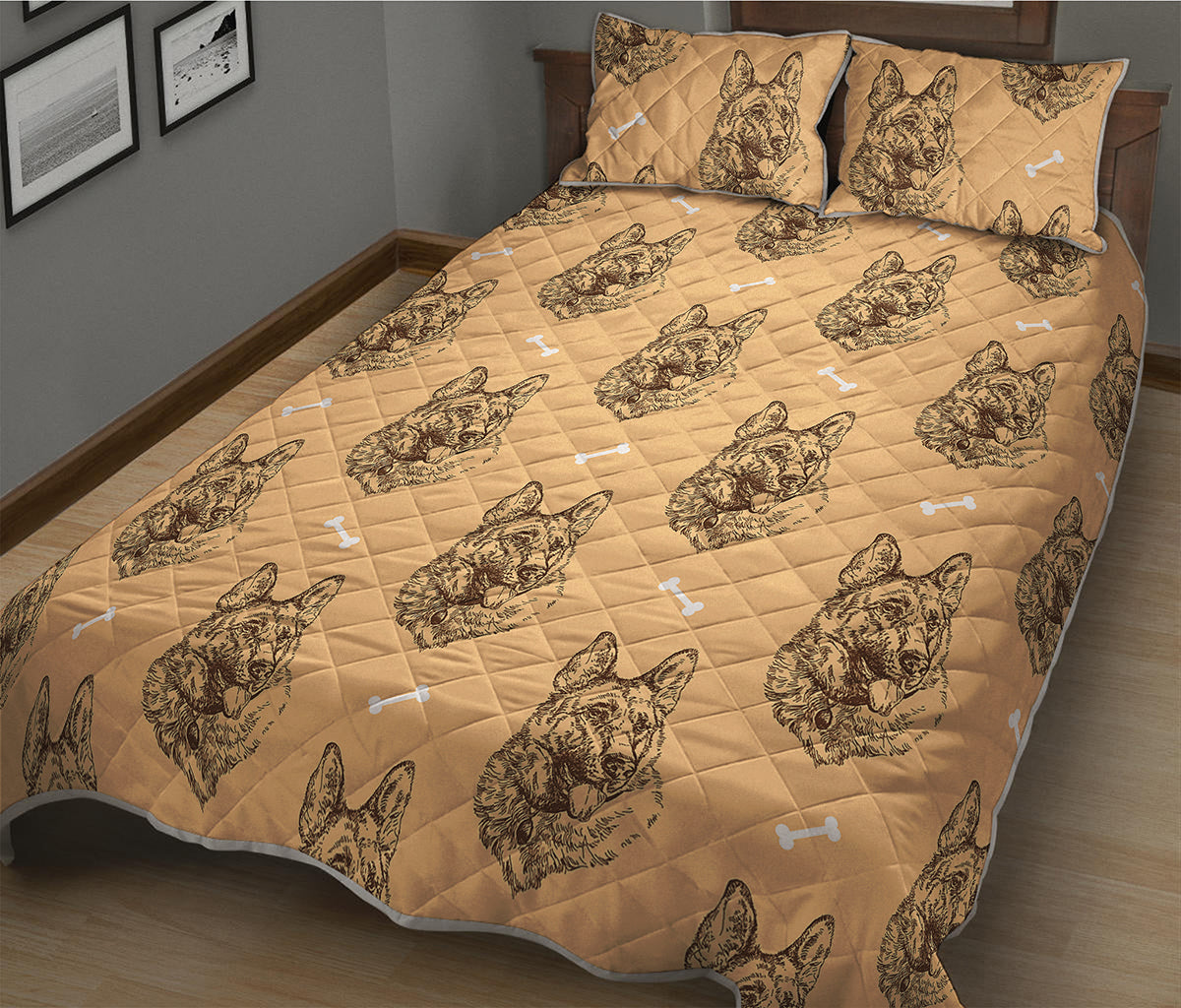 Drawing German Shepherd Pattern Print Quilt Bed Set