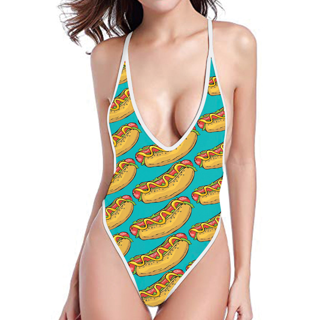 Drawing Hot Dog Pattern Print One Piece High Cut Swimsuit