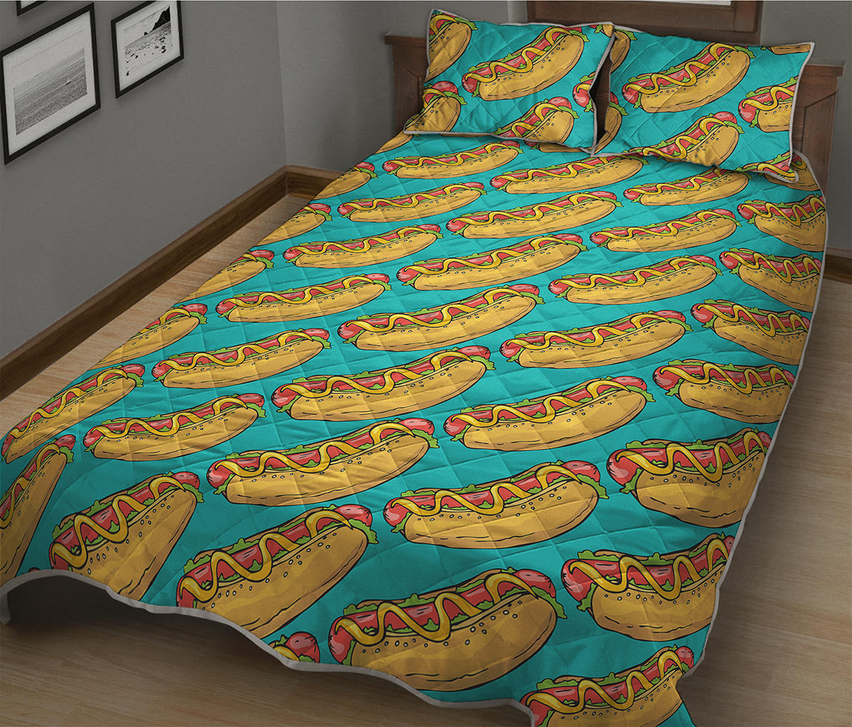 Drawing Hot Dog Pattern Print Quilt Bed Set