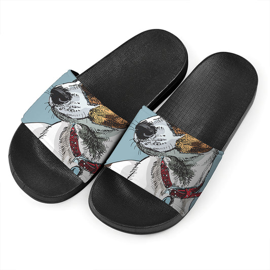 Drawing Jack Russell Terrier Print Black Slide Sandals