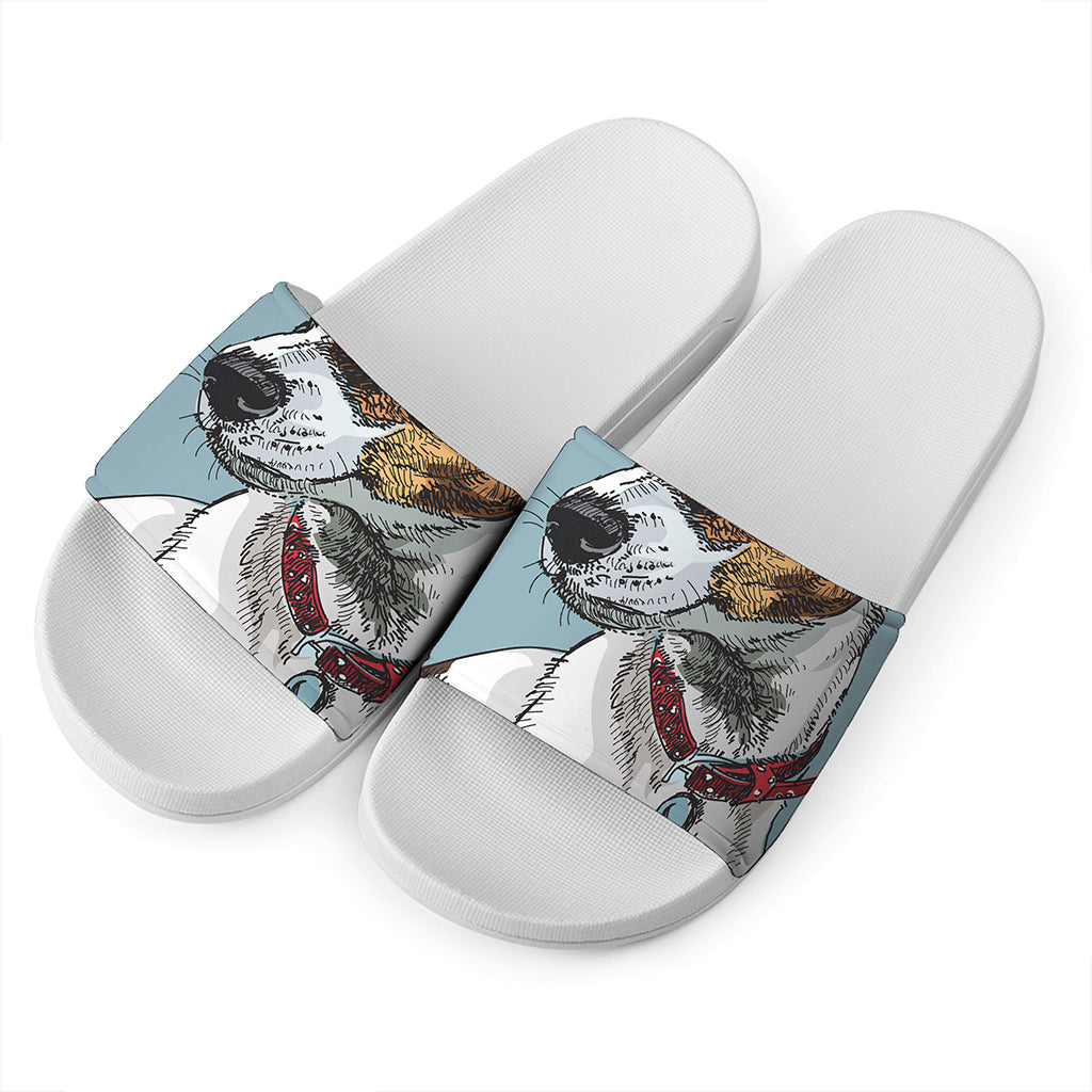 Drawing Jack Russell Terrier Print White Slide Sandals