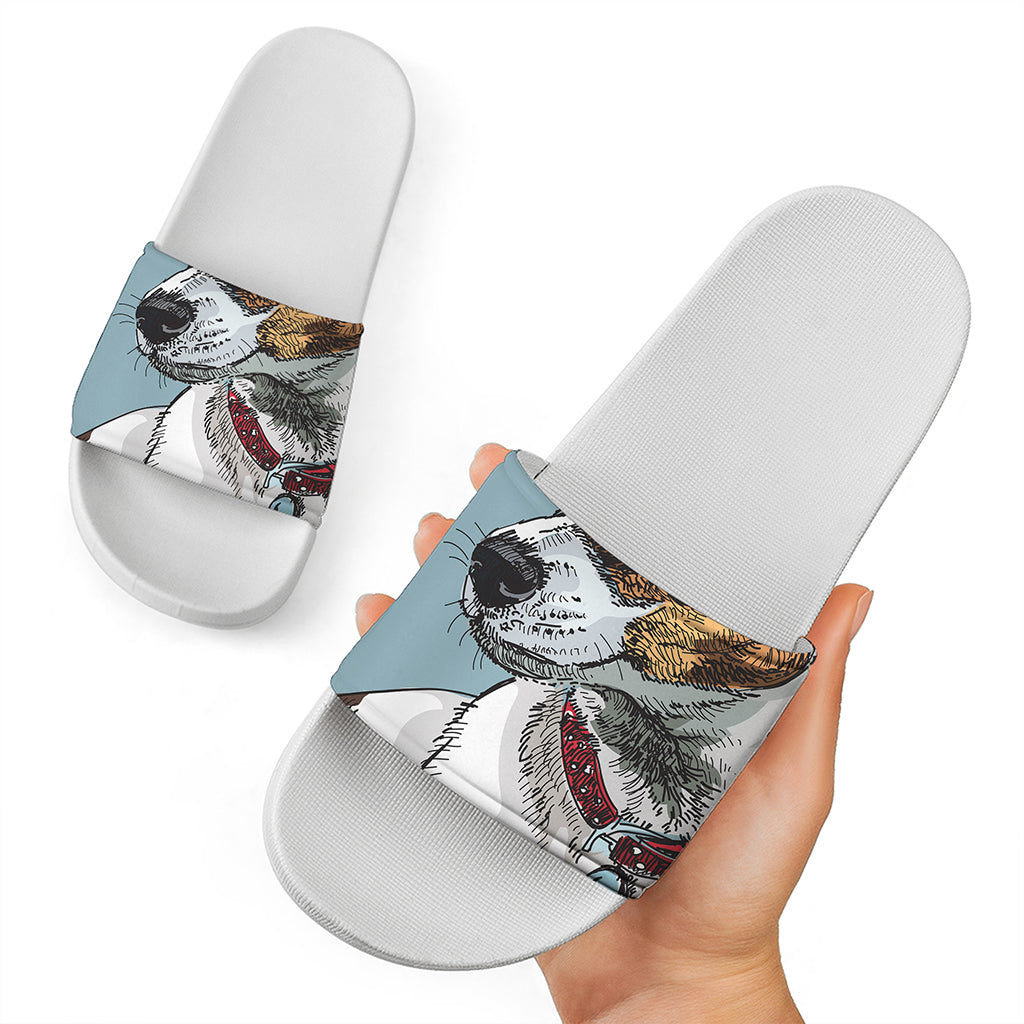 Drawing Jack Russell Terrier Print White Slide Sandals