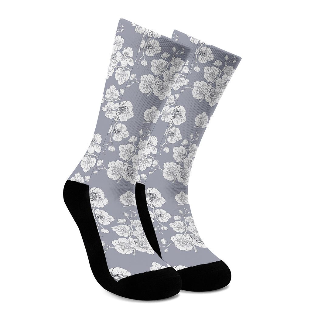 Drawing Orchid Pattern Print Crew Socks